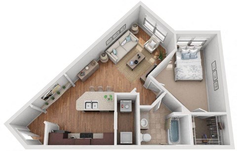 1 Bed 1 Bath Floor Plan | 704 Sq. Ft. at Mockingbird Flats Apartments in Dallas, TX